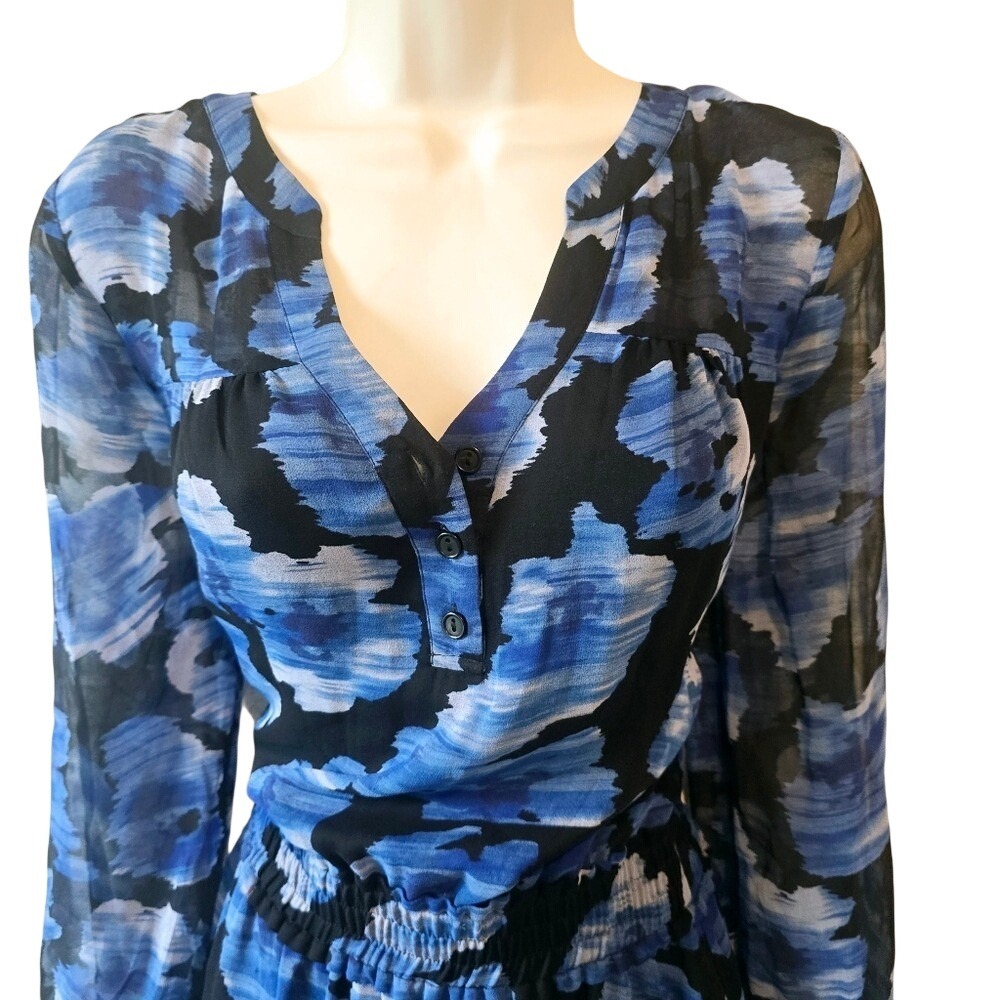 Parker New York Atticus Silk Mini Dress Blue Black Abstract Floral Smocked S New - Picture 2 of 8